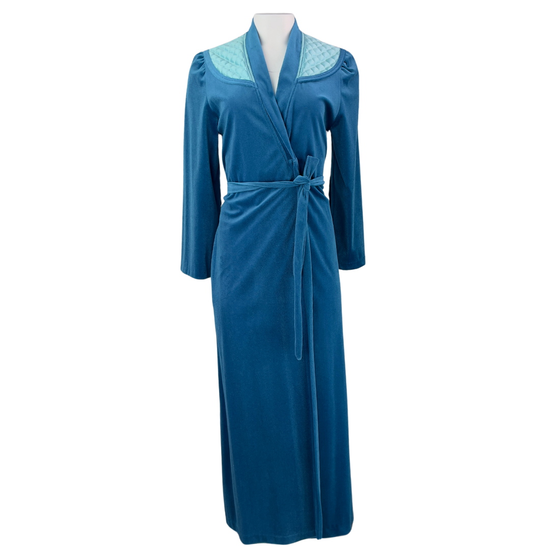 Vintage Blue Velvet House Coat with Quilted Shoulders