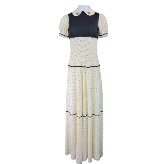 Vintage Cream and Black Floor Length Dress with Strawberries
