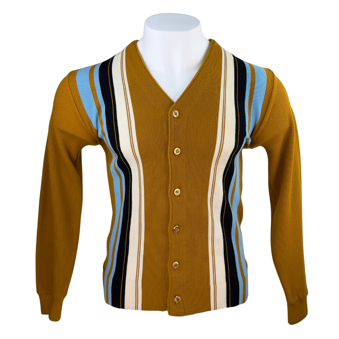 Vintage Mustard Cardigan with Navy, Blue and White Stripes
