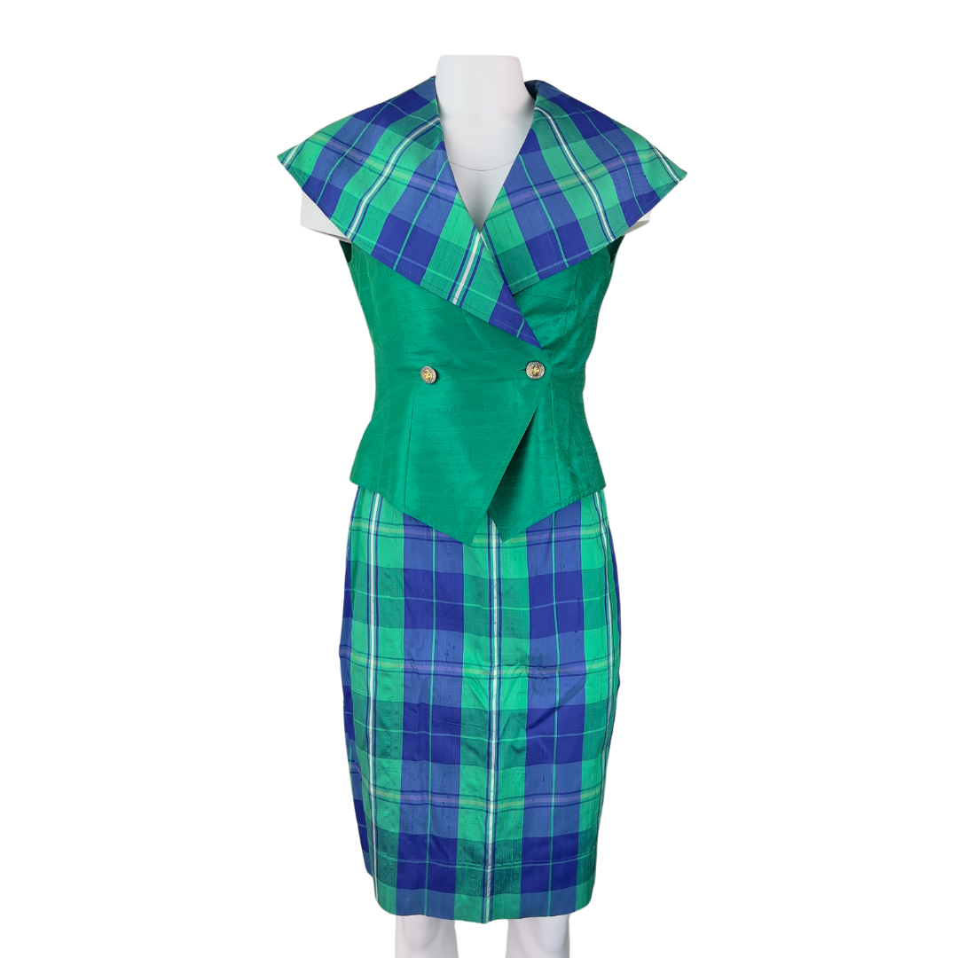 Vintage Green and Navy Plaid Skirt Set
