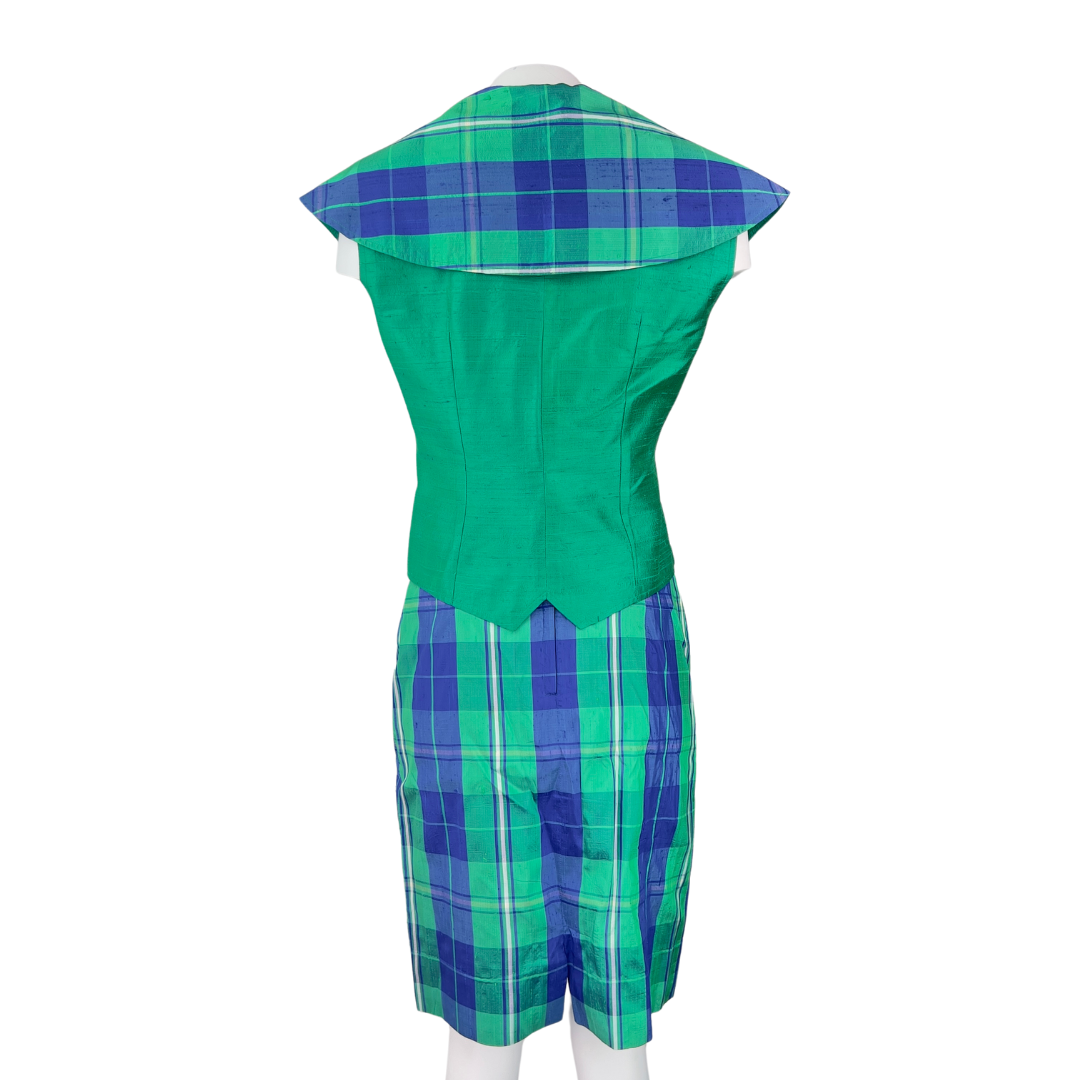 Vintage Green and Navy Plaid Skirt Set