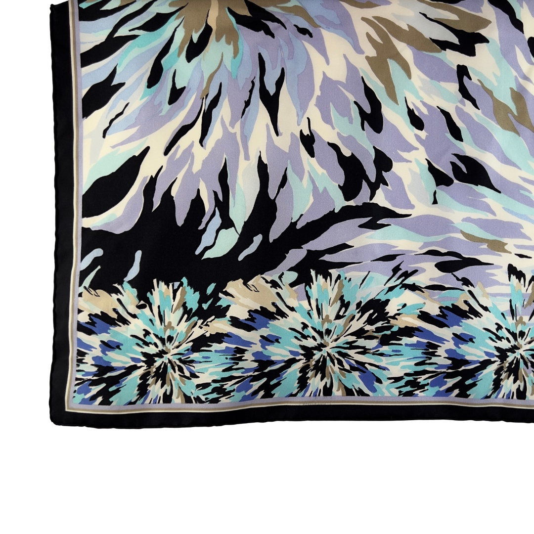 Square Scarf with Black Border and Blue Abstract Flowers