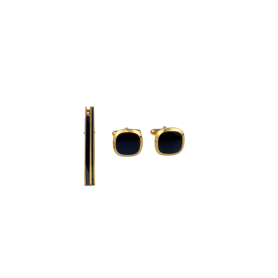 Gold and Black Enamel Cufflink Set with Tie Clip