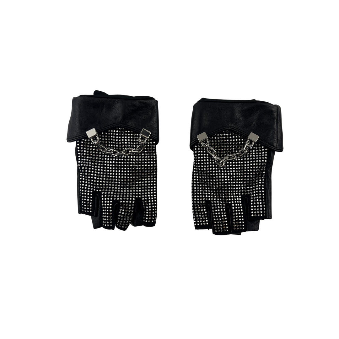 Karl Lagerfeld Fingerless Gloves with Crystals and Silver Chain