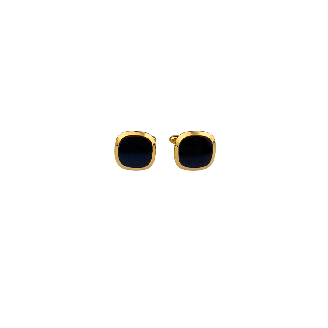Gold and Black Enamel Cufflink Set with Tie Clip