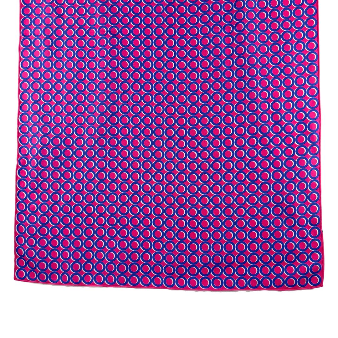 Long Silky Neck Scarf in Hot Pink with Blue Repeated Circle Print