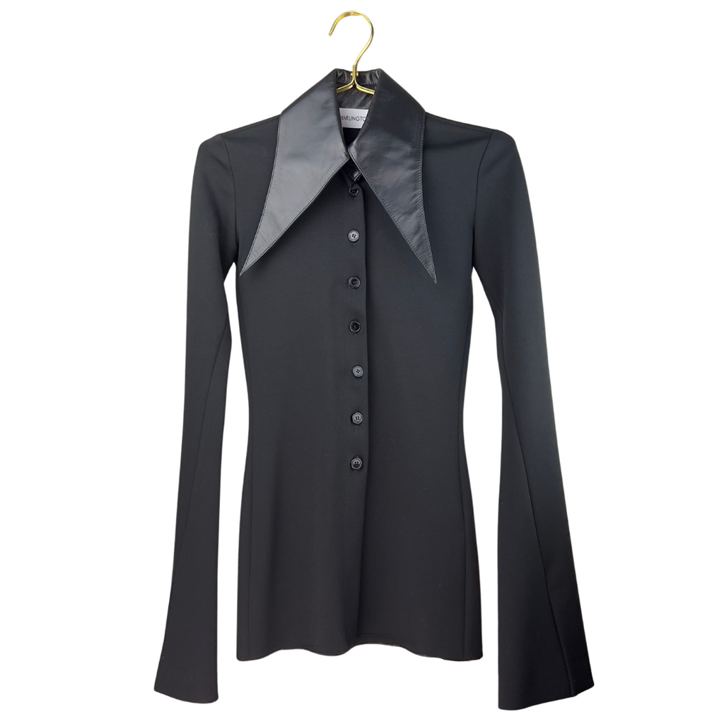 16 Arlington Longline Black Blouse with Leather Collar