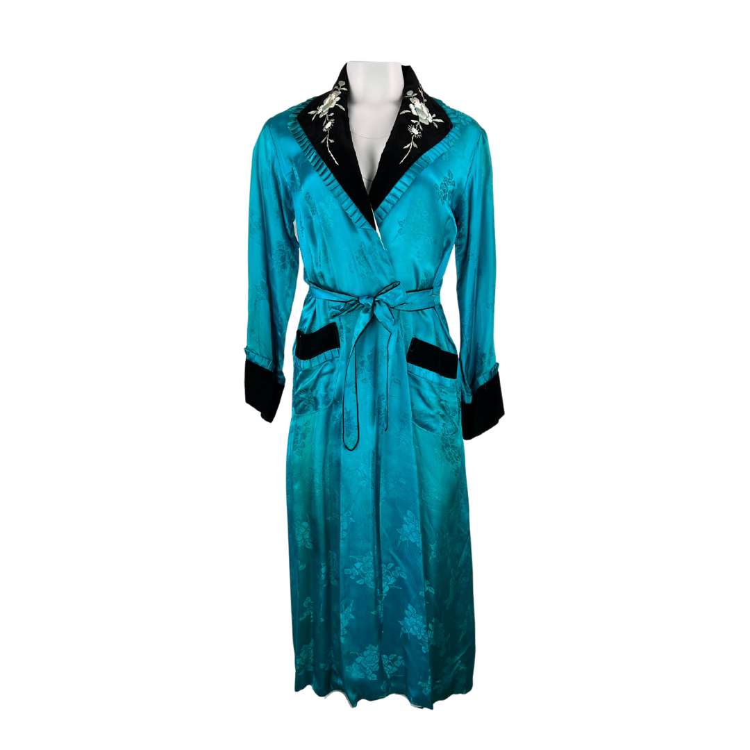 1940's Turqouise Silk Jacquard Robe with Black Velvet Details