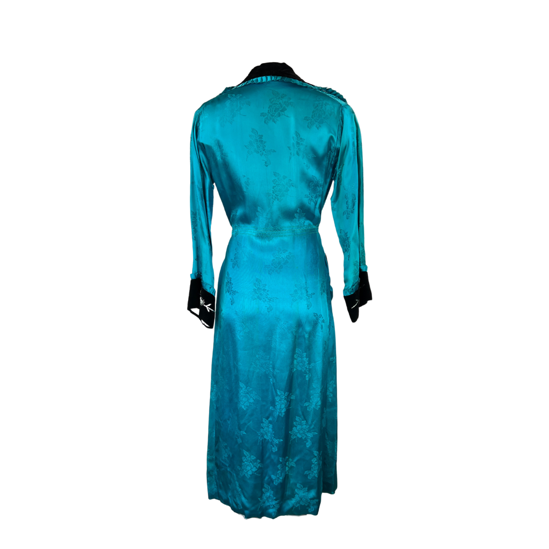 1940's Turqouise Silk Jacquard Robe with Black Velvet Details