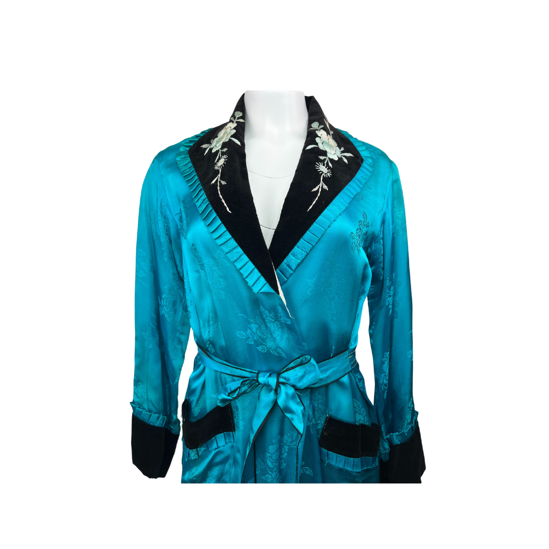 1940's Turqouise Silk Jacquard Robe with Black Velvet Details