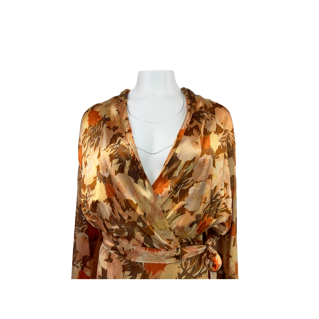 1940's Gold, Brown and Orange Abstract Floral Satin Robe