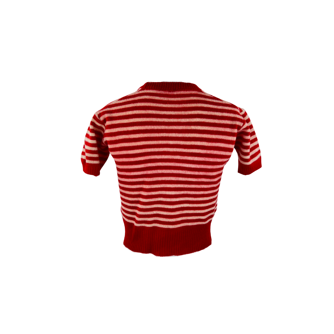 1950's Red and Pink Striped Short Sleeve Sweater