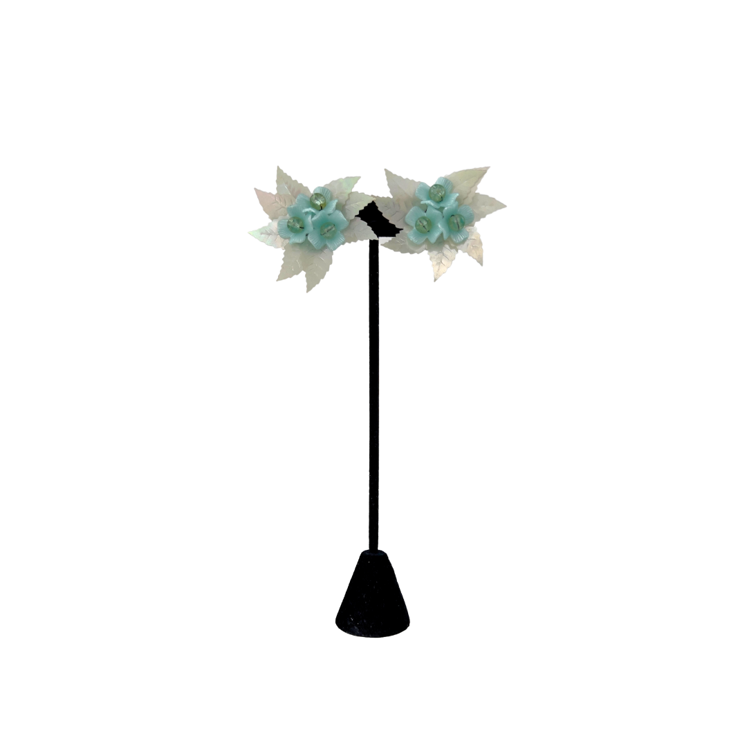 Vintage Blue Flower Cluster Clip On Earrings