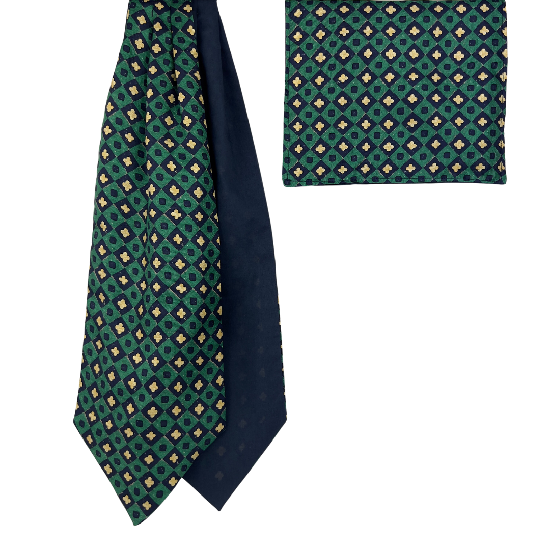 Green and Navy Diamond Print Cravat Set with Pocket Square