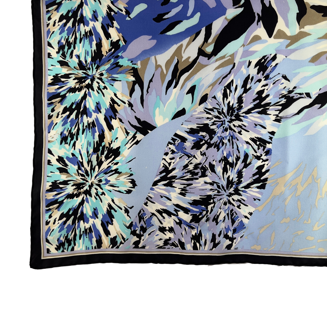Square Scarf with Black Border and Blue Abstract Flowers