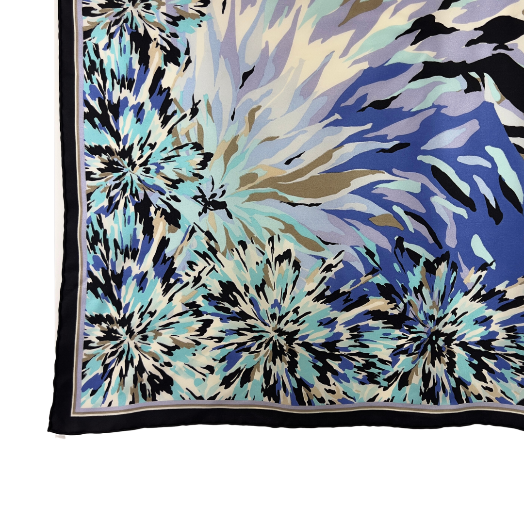 Square Scarf with Black Border and Blue Abstract Flowers