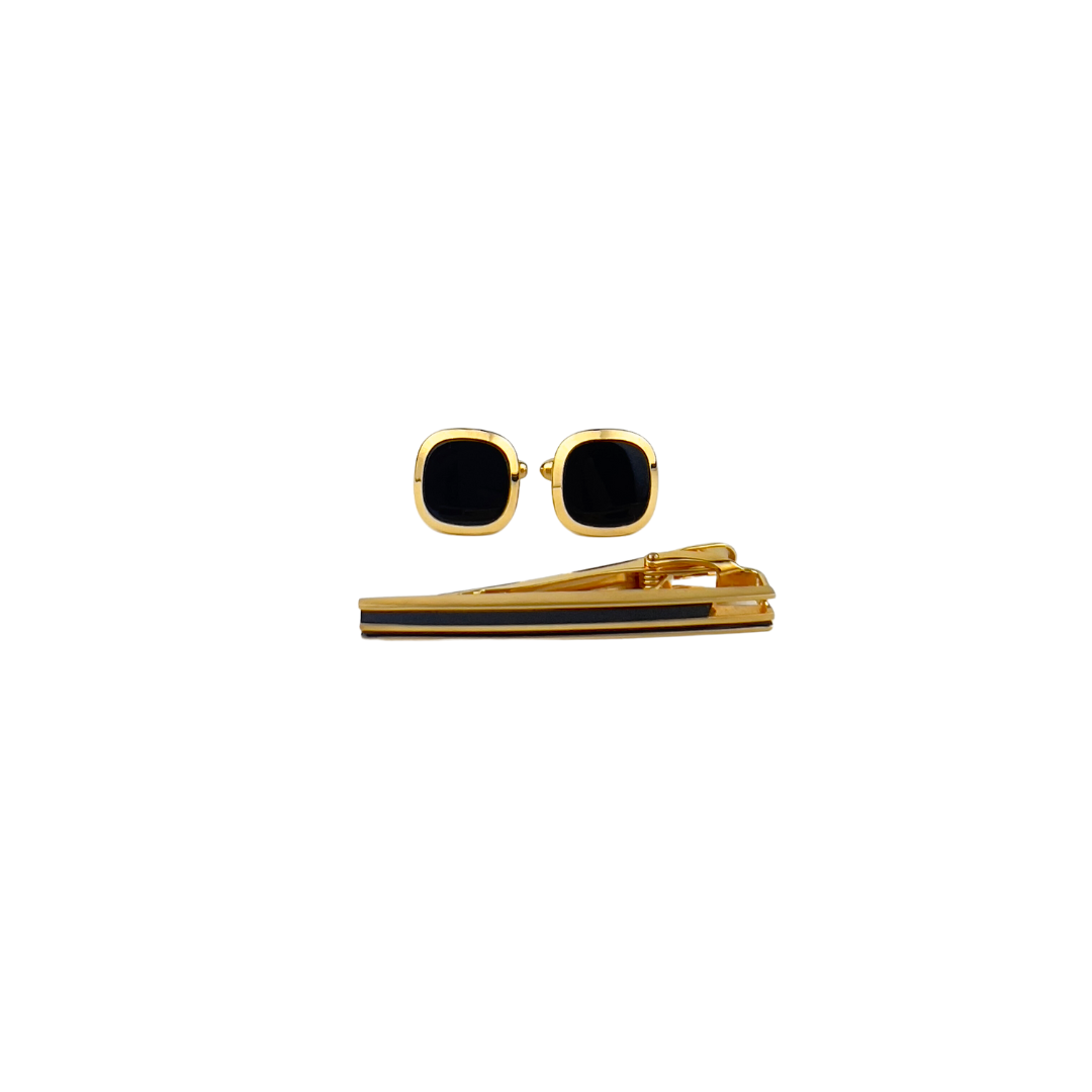 Gold and Black Enamel Cufflink Set with Tie Clip
