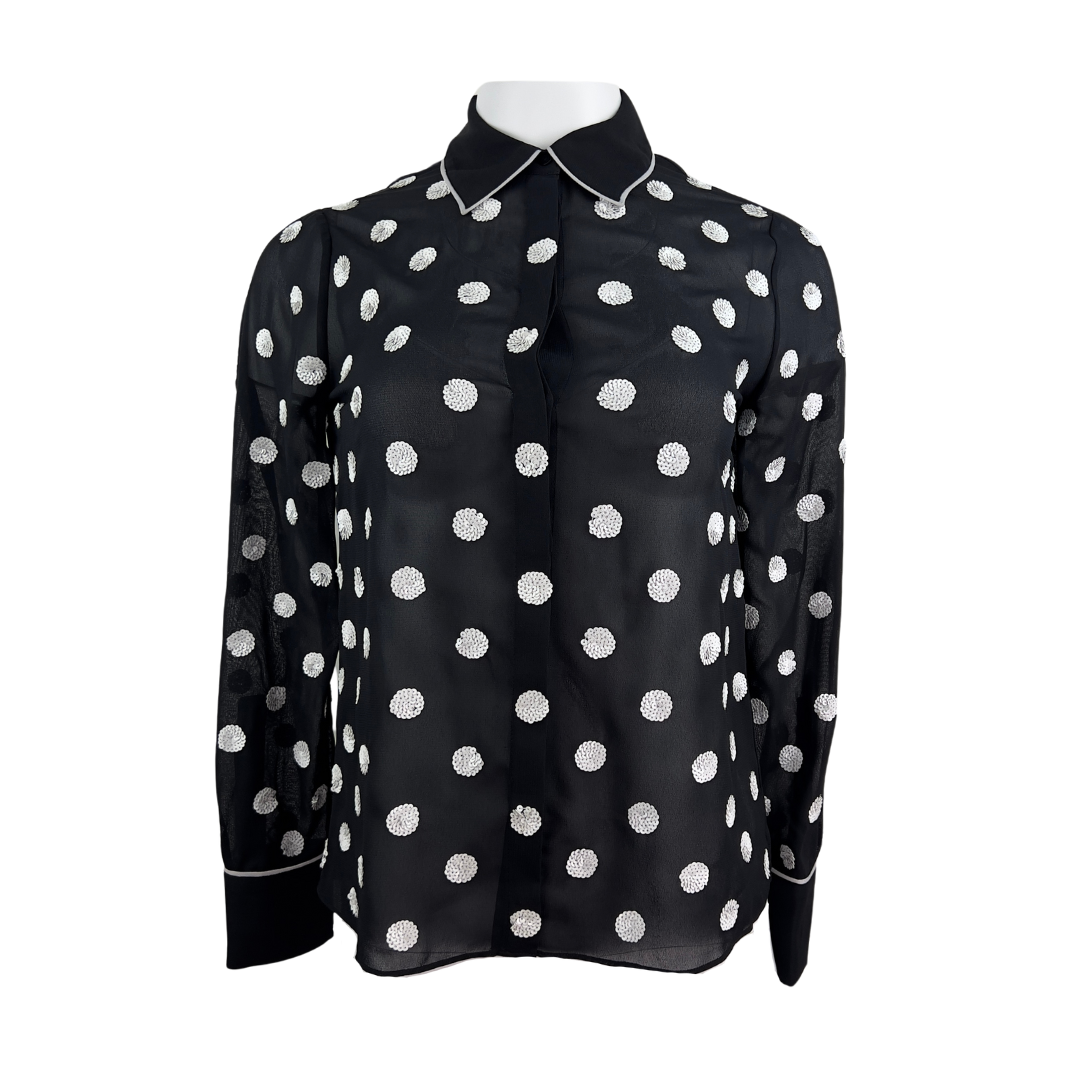 Alice and Olivia Black Sheer Blouse with White Sequin Polka Dots