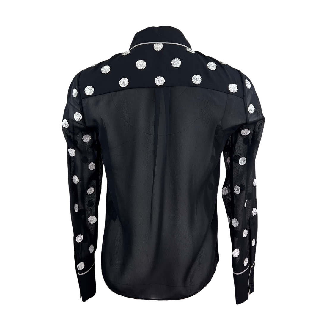 Alice and Olivia Black Sheer Blouse with White Sequin Polka Dots