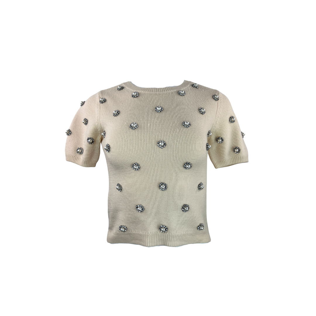 Alice and Olivia Cropped Short Sleeve Cream Sweater with Crystals