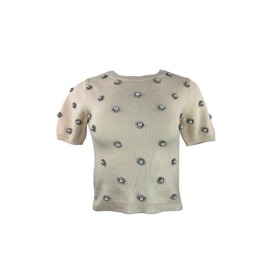 Alice and Olivia Cropped Short Sleeve Cream Sweater with Crystals