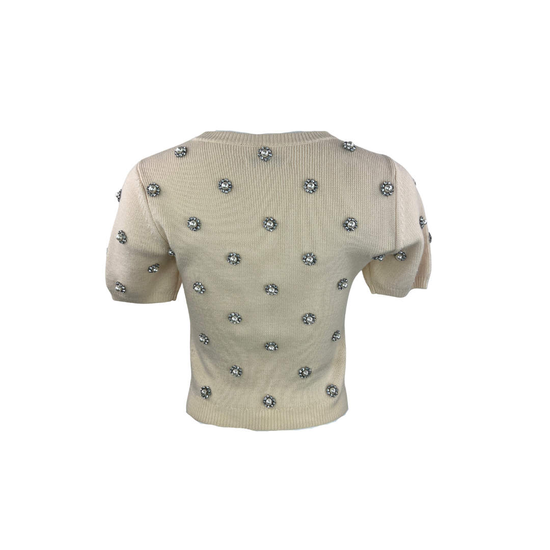 Alice and Olivia Cropped Short Sleeve Cream Sweater with Crystals