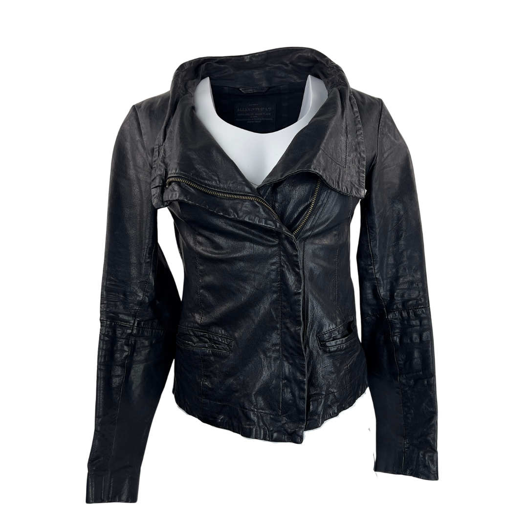 All Saints 5 Back Seam Leather Jacket with Flop Lapel