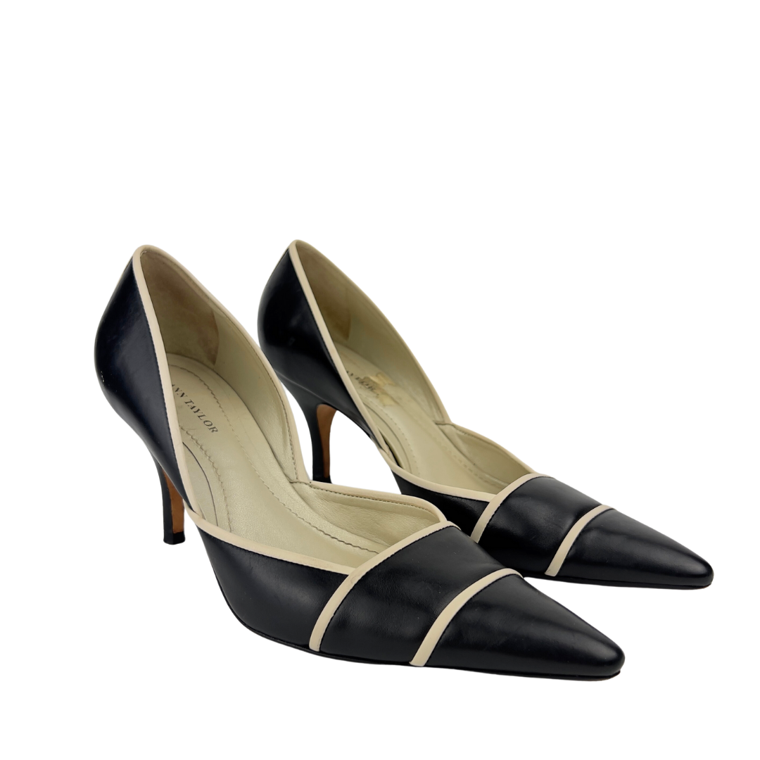 Ann Taylor Black Leather Pumps with White Trim