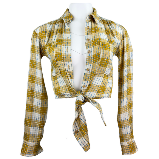 Anthropologie Yellow Plaid Long Sleeved Cropped Tie Top