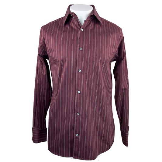 Banana Republic Burgundy Dress Shirt with Red and White Pinstripes Medium