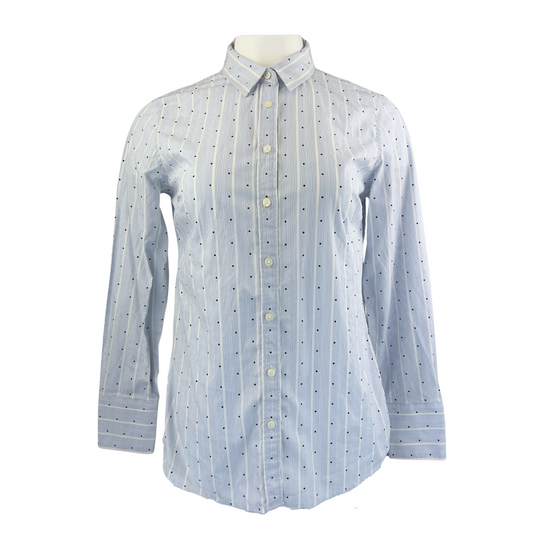 Banana Republic Blue and White Pinstripe Long Sleeved Blouse with Navy Polka Dots