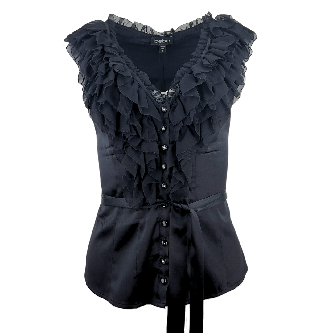 Bebe Black Satin Sleeveless Top with Ruffled Neckline