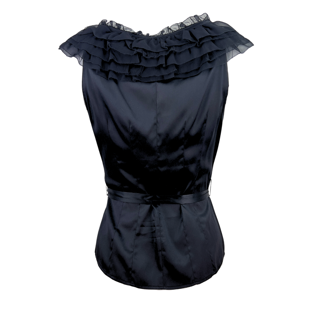 Bebe Black Satin Sleeveless Top with Ruffled Neckline