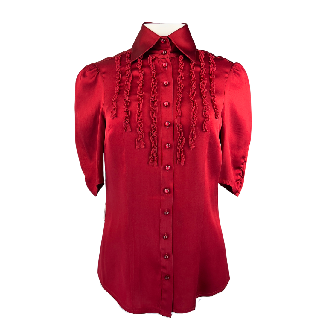 Bebe Red Short Sleeve Satin Tuxedo Blouse with Tie