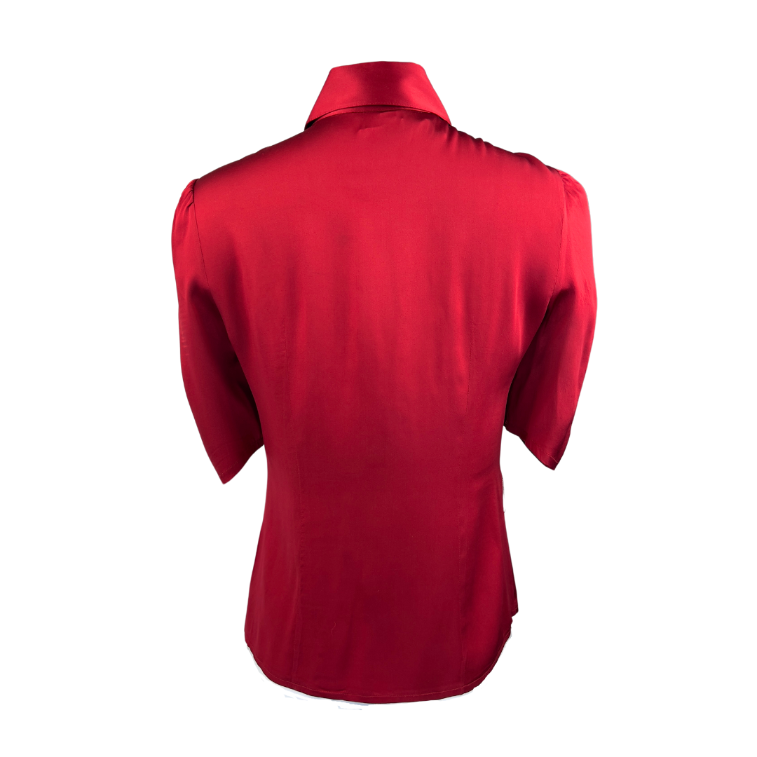 Bebe Red Short Sleeve Satin Tuxedo Blouse with Tie
