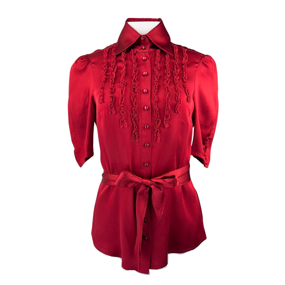 Bebe Red Short Sleeve Satin Tuxedo Blouse with Tie