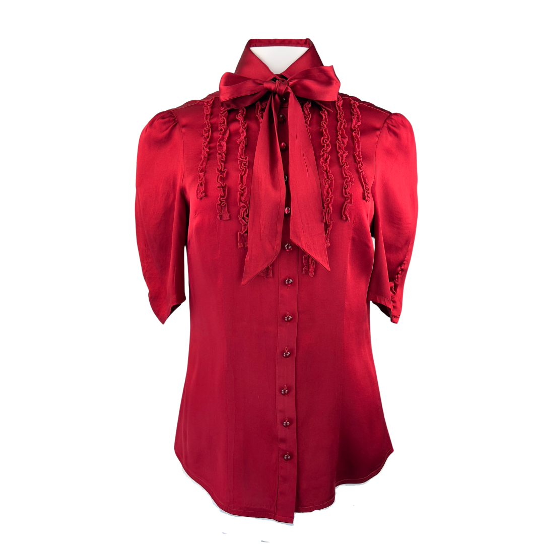 Bebe Red Short Sleeve Satin Tuxedo Blouse with Tie