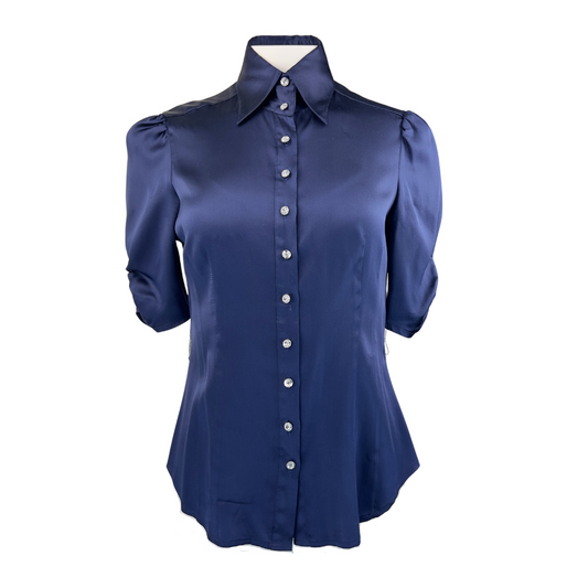 Bebe Navy Satin Short Sleeve Blouse with Tie