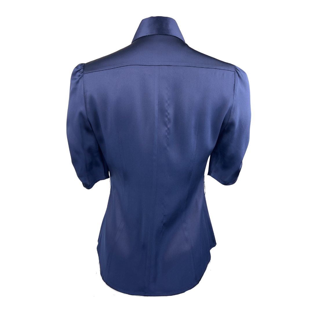 Bebe Navy Satin Short Sleeve Blouse with Tie