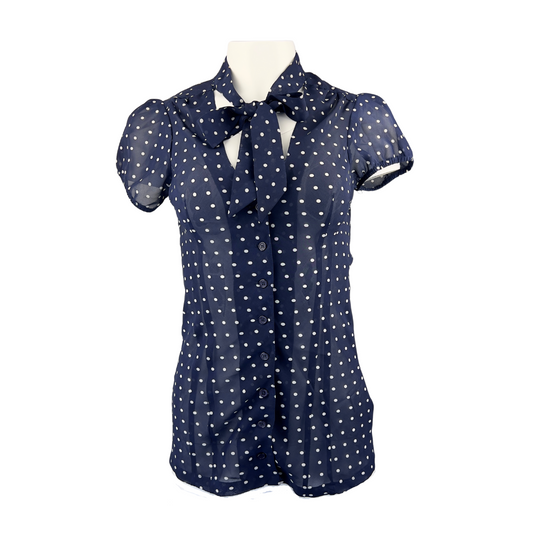 Bedo Navy Short Sleeve Button Up Blouse with White Polka Dots and Pussybow
