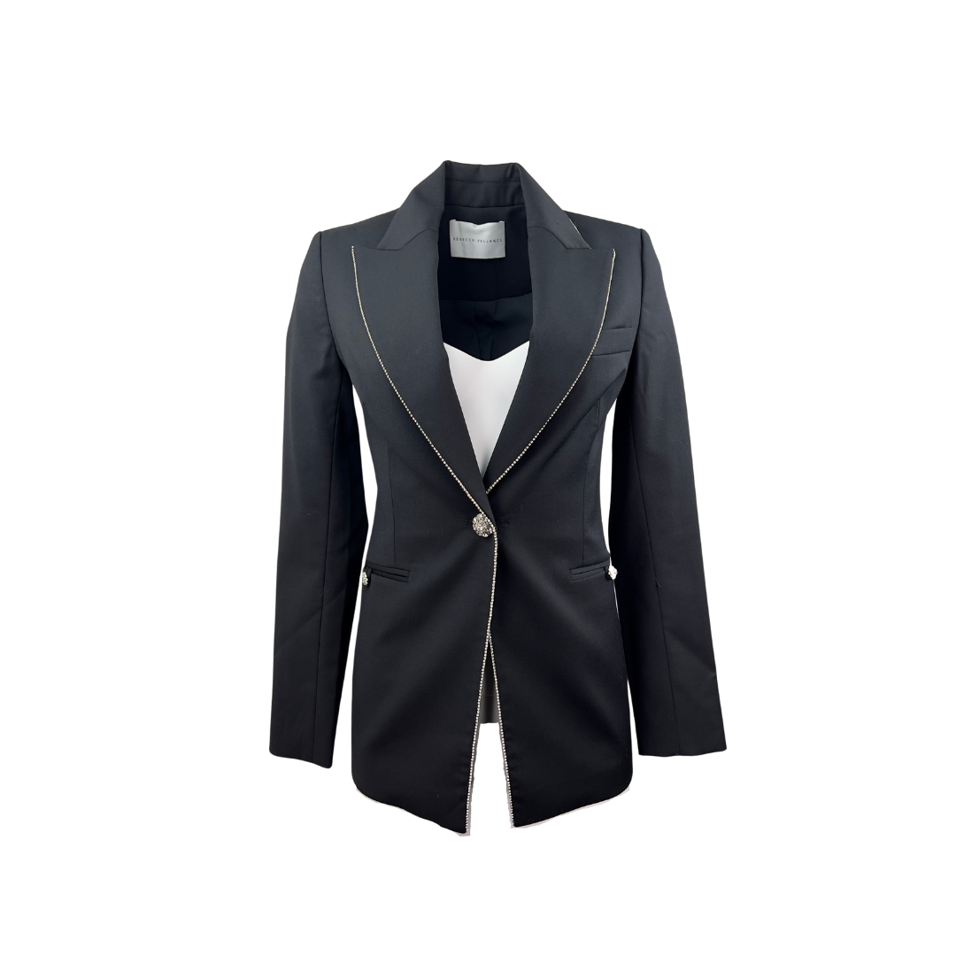 Rebecca Valence Black Longline Blazer with Crystal Trim and Buttons