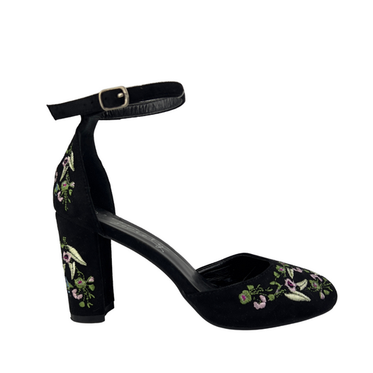 Black Suede Block Heel with Ankle Strap and Floral Embroidery