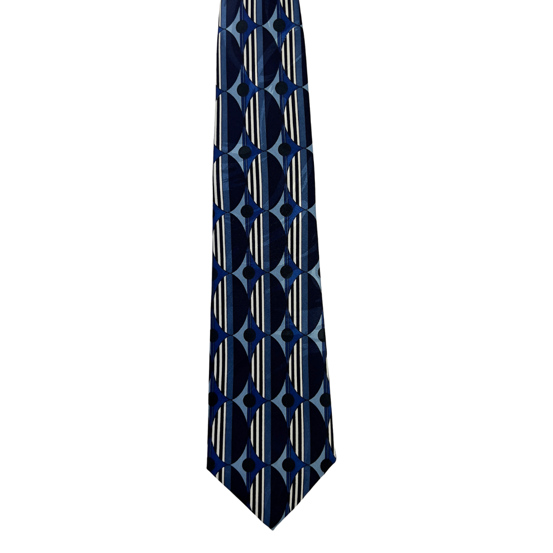 Blue Tie with Striped Oval Print and Black Polka Dots on Repeat
