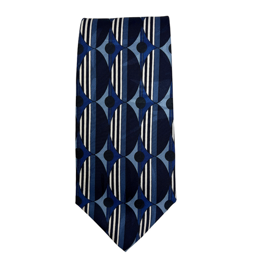 Blue Tie with Striped Oval Print and Black Polka Dots on Repeat