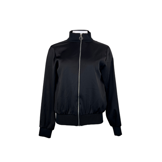 Black Satin Bomber with Round Silver Pull Tab
