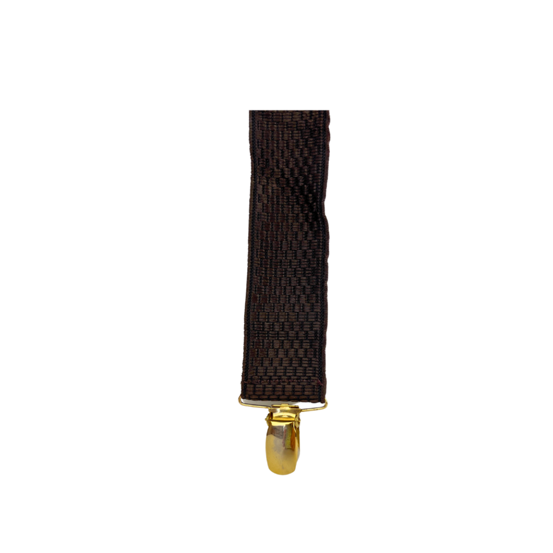 Black Textured Suspenders with Brown Leather and Gold Snap Attachment