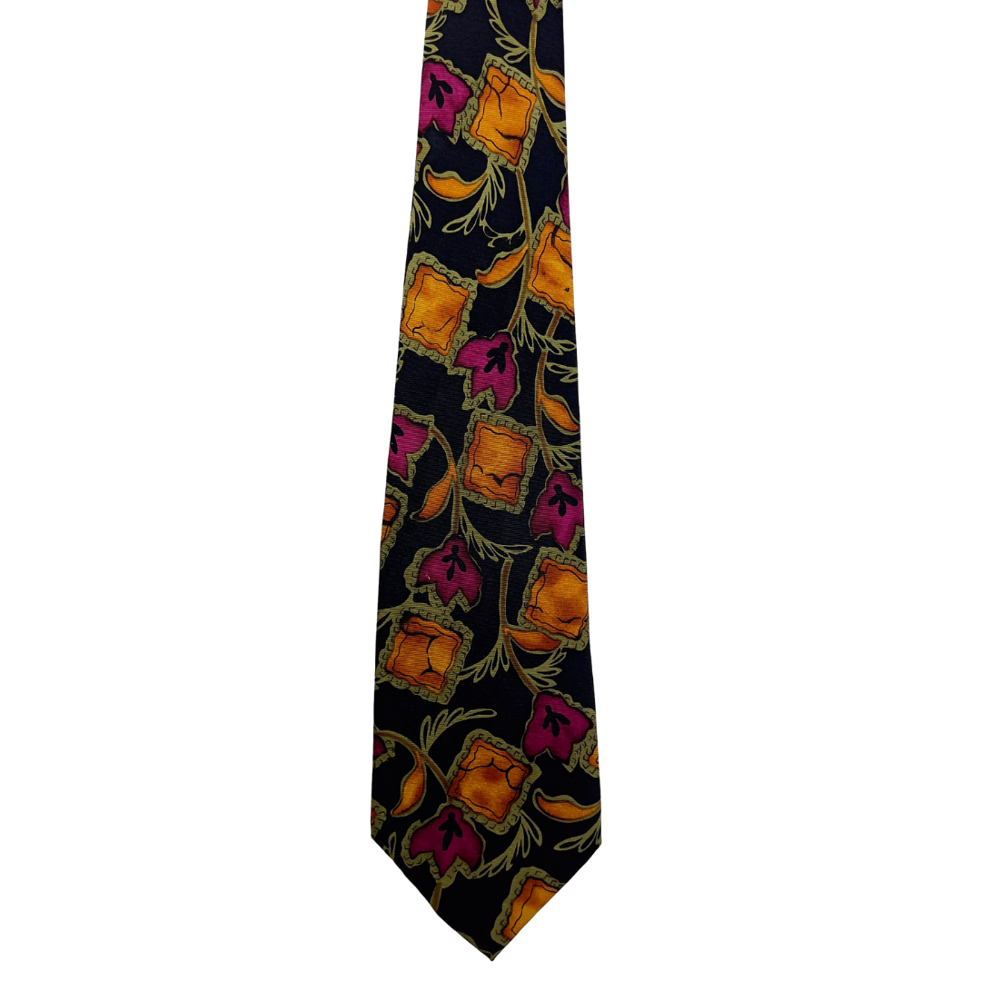 Vintage Black Tie with Orange Squares and Magenta Flowers