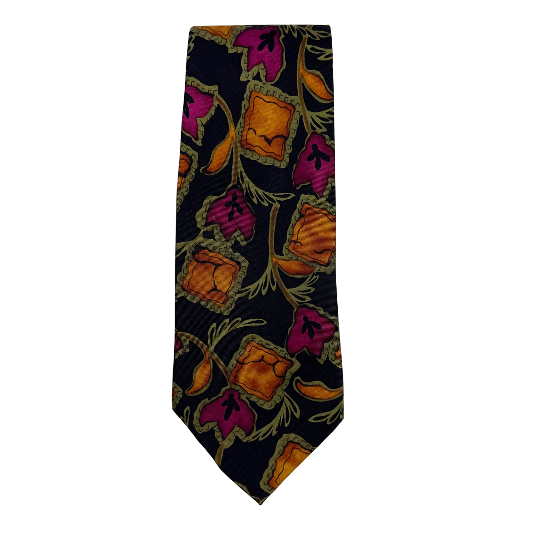 Vintage Black Tie with Orange Squares and Magenta Flowers