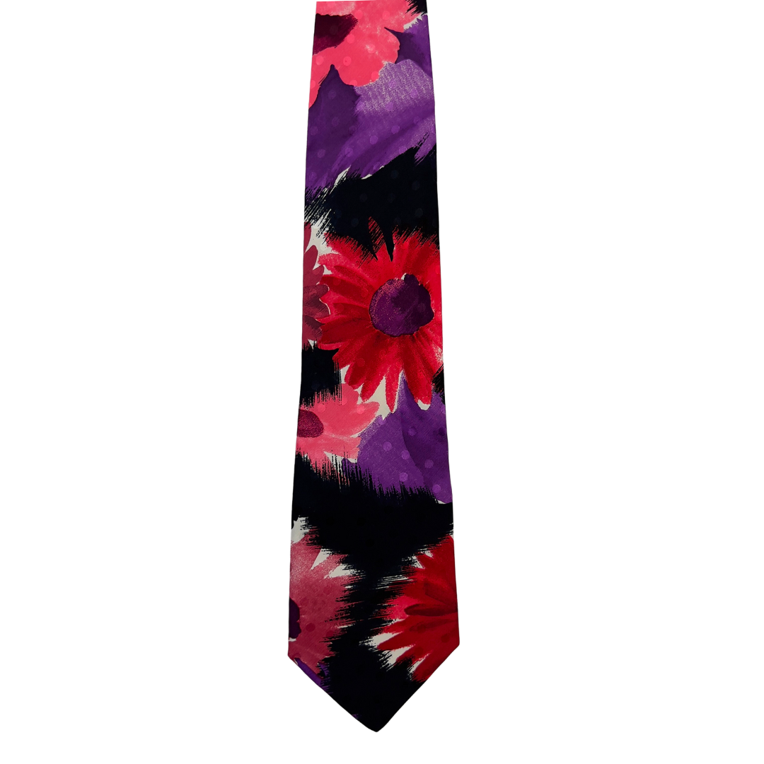 Black Tie with Large Red and Purple Flowers