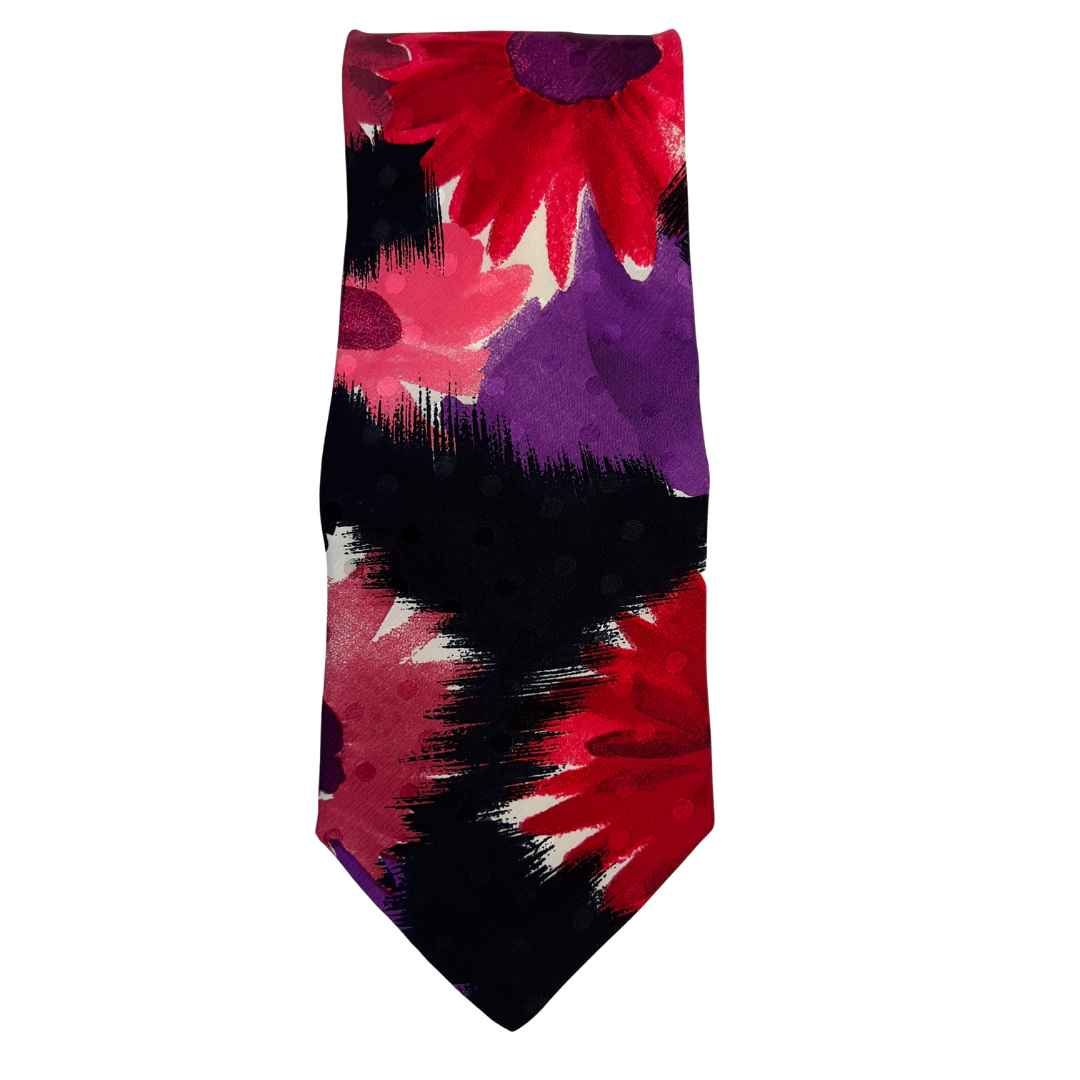 Black Tie with Large Red and Purple Flowers